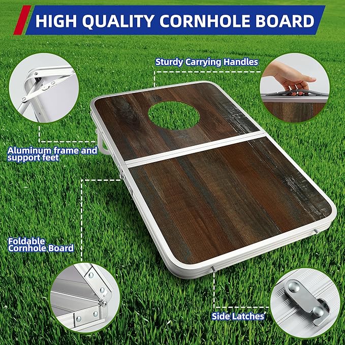 Portable Cornhole Board Set with Aluminum Alloy Edging,2x1.3ft Foldable Corn Hole Games for Adults and Family with 8 Bean Bags for Outdoor Backyard Travel Tailgate Camping