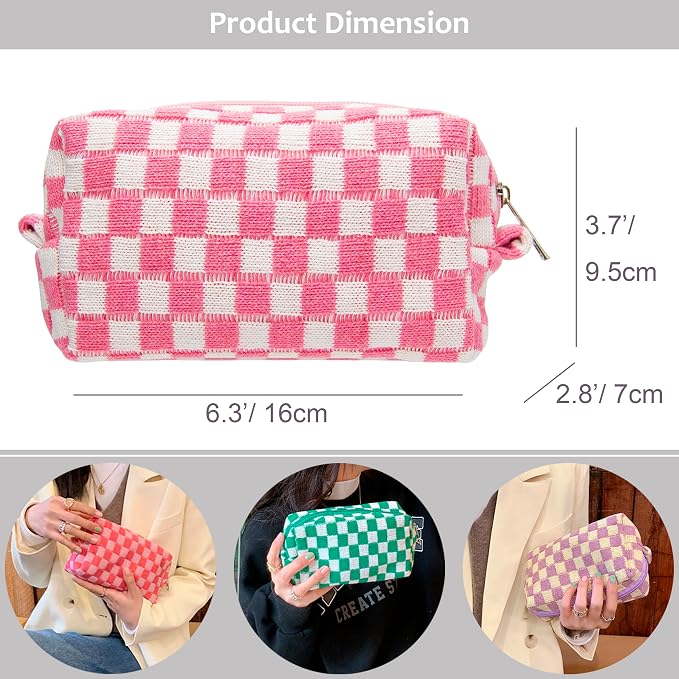 Checkered Makeup Bag for Purse Portable Zipper Make Up Pouch Small Cosmetic Case for Travel Accessories Pink White