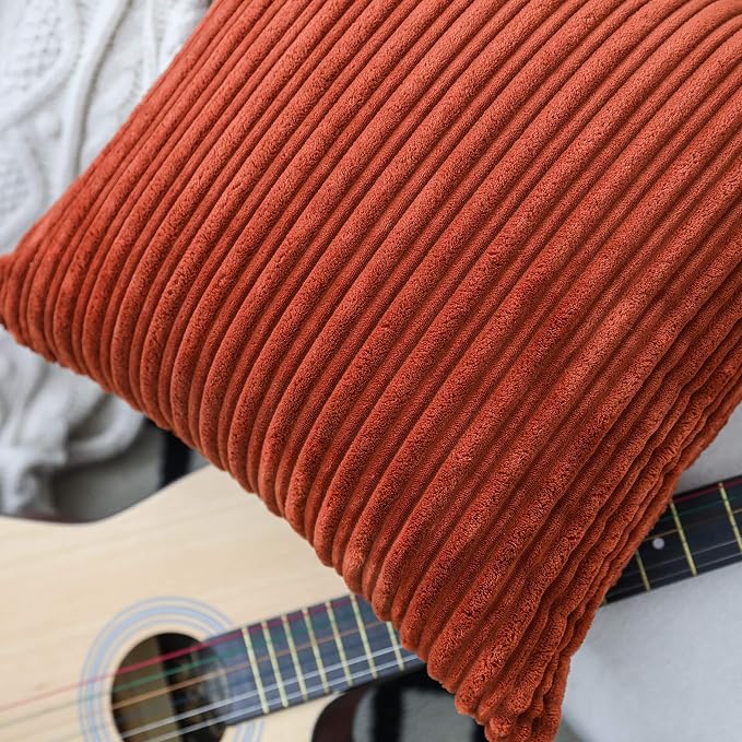 UGASA Fall Decor Super Soft Striped Corduroy Pillow Covers Large Throw Pillow Sham Cushion Cover Living Room, 1 Pc, 24" x 24" (Pack of 1) (61cm), Burnt Brick