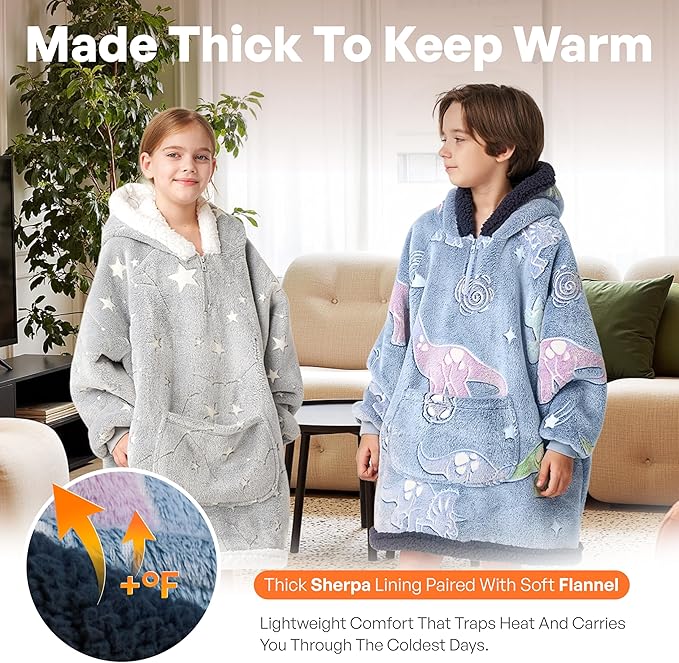 Giggling Getup Glow in The Dark Wearable Blanket Hoodie for Girls and Boys Warm Cozy Sherpa Fleece Hooded Blanket Sweatshirt Oversized Hoodie with Giant Pocket & Sleeves for Kids Blue Dinosaur Glow