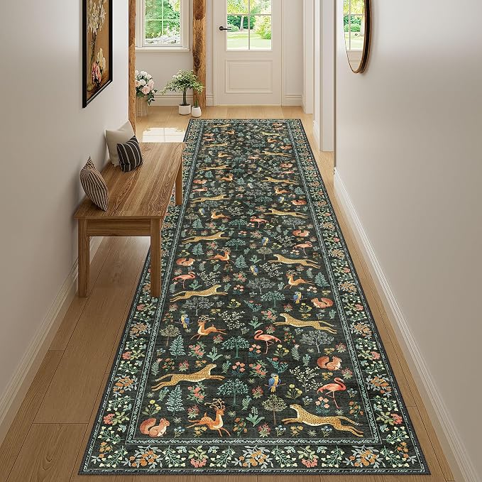 DUKINO 3x12 Runner Rug for Hallway, Washable Animal Rug for Kitchen, Black | Non Slip, Low Pile, Soft Indoor Long Carpet for Entryway, Bedroom, Bathroom, Laundry, Ultra-Thin Pet Friendly, Non-Shedding