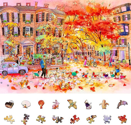 1000 Pieces Jigsaw Puzzles for Adults, Autumn Street Puzzle, Unique Shape Puzzles for Family Friends Challenging Games