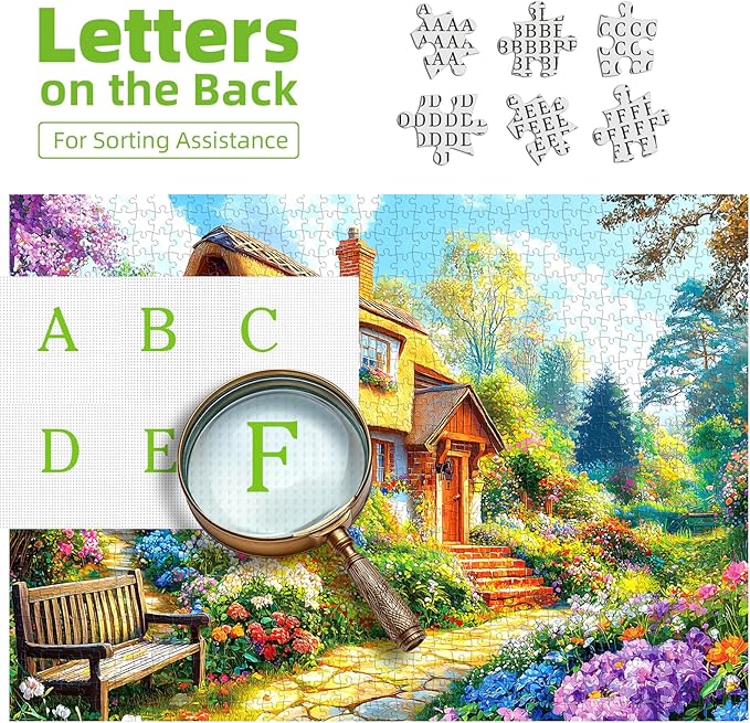 Cottage Garden 1000 Piece Jigsaw Puzzles for Adults, Colorful Floral Landscape with Thatched Roof House, Puzzles with Letters on Back for Easy Sorting, Hard Unique Puzzle Games for Adults Game Night