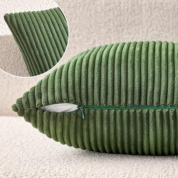 MIULEE Decorative Corduroy Throw Pillow Covers Set of 2 20x20 Moss Green | Soft Striped Textured Cushion Cases, Boho Natural Greenery Pillowcases for Home Decor, for Couch Chair Sofa Bed Living Room