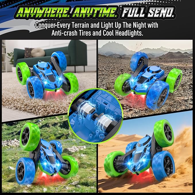 Upgraded RC Car for Kids, 360° Rotating Double Sided Stunt Vehicle with Headlights, 2.4GHz 4WD Remote Control Car, USB-C Rechargeable Electric Toy for Boys & Girls (Blue-Green)