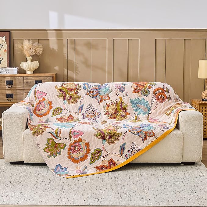 XIBLC Boho Throw Blanket 100% Cotton Vintage Blanket Muslin Woven Flower Decorative Throw Blankets All Season Bohemian Rustic Farmhouse Decor Quilt for Bed (Beige 50"x60")