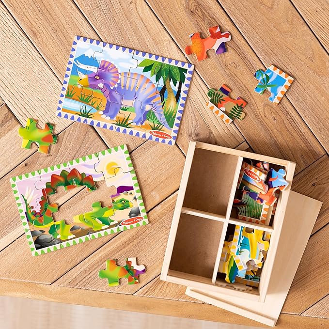 Melissa & Doug 4‑in‑1 Wooden Dinosaur Jigsaw Puzzle Set, 48 Pieces with Storage Box, Toddler Puzzle Toy for Kids Ages 3+ - FSC Certified