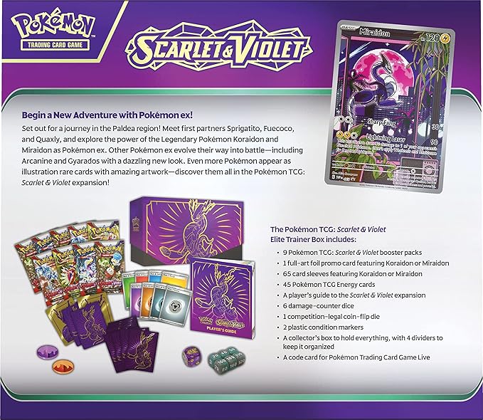 Pokémon TCG: Scarlet and Violet Elite Trainer Box - Miraidon Purple (1 Full Art Promo Card, 9 Boosters and Premium Accessories)