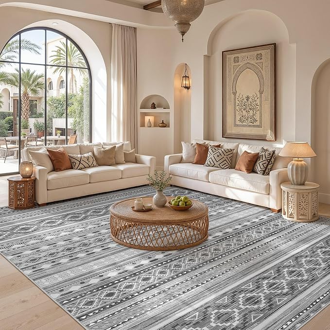 cotiled 6x9 Area Rugs Living Room Rug: Washable Boho Rugs with Non Slip Backing Large Soft Indoor Stain Resistant Carpet for Bedroom Farmhouse Dining Room Lightweight Home Decor Beige Grey