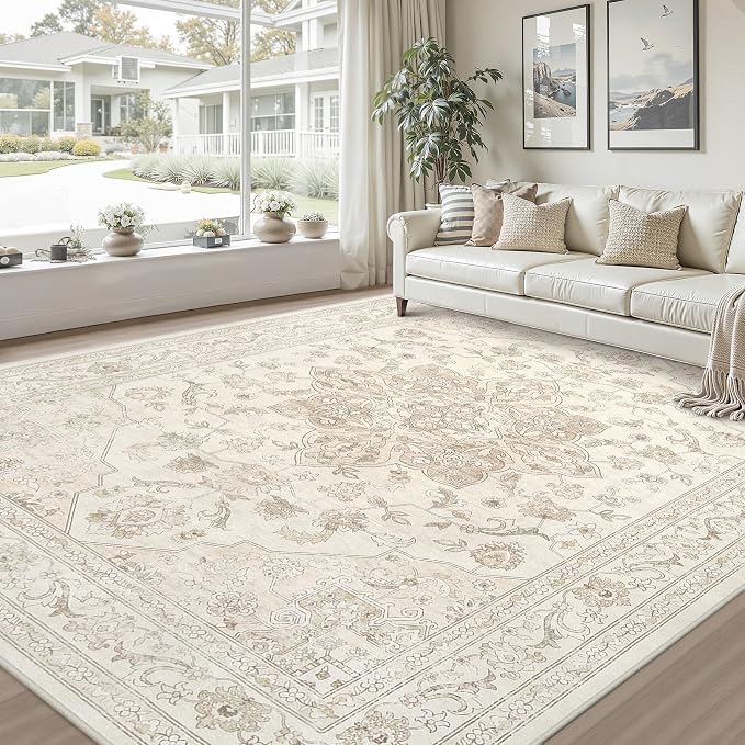 8x10 Area Rugs for Living Room: Vintage Boho Neutral Washable Rug Indoor Soft Large Area Rug Carpet for Bedroom Nursery Farmhouse Dining Room Office Floor Non-Slip Low Pile Under Table Rug Beige White