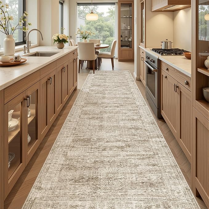 Soalmost Hallway Runner Rug 2'6"x10' Non-Slip Runners for Kitchen Brown | Washable Vintage Long Rugs 2.5x10ft Bathroom, Thin Low Pile Foldable 10ft Floor Carpet Mat for Entryway Corridor Bedroom
