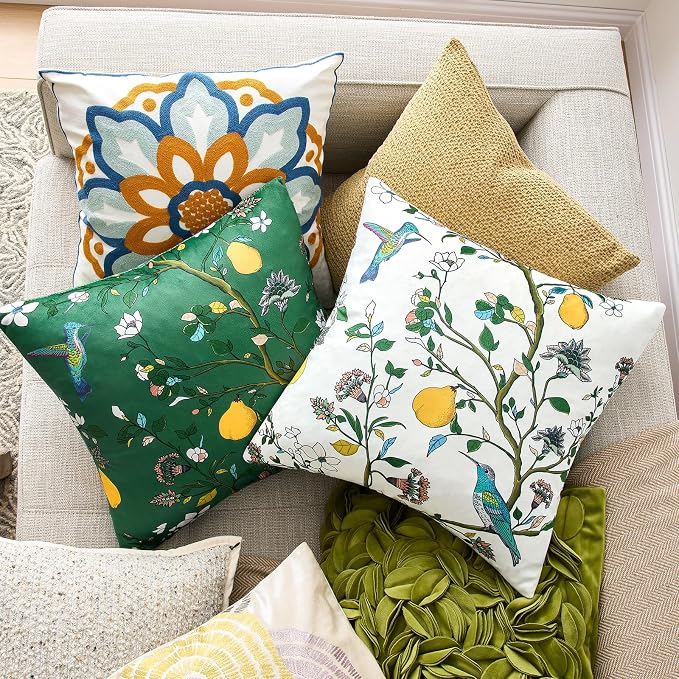 MUSSEL Ivory White Floral Vintage Decorative Pillow Covers 18x18 Set of 2 | Soft Velvet,Wild Flower Plant,Throw Pillows Case,Square,Colorful Farmhouse Cushion Covers,Home Sofa Bed Couch Decor