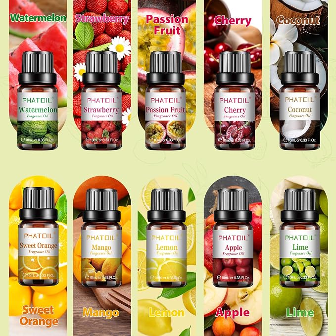 PHATOIL 10Pcs Fruity Fragrance Oil Set, Coconut, Cherry, Apple, Strawberry, Mango Oils for Candle Making, Freshie Scents for DIY Soap Making, Diffuser Oil Scents Set