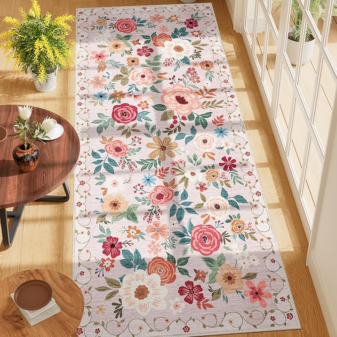 DUKINO 3x7 Kitchen Runner Rug, Washable Rug for Hallway Non Slip, Beige | Floral, Low Pile, Soft Indoor Rug for Bedroom, Bathroom, Entryway, Laundry, Pet Friendly, Stain Resistant, Modern Home Decor