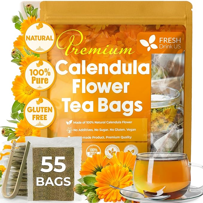 FreshDrinkUS, Premium 55 Calendula Tea Bags, 100% Natural and Pure Calendula Flowers, Eco-conscious Tea Bags. Herbal Tea. No Sugar, No Caffeine, No Gluten, Vegan.