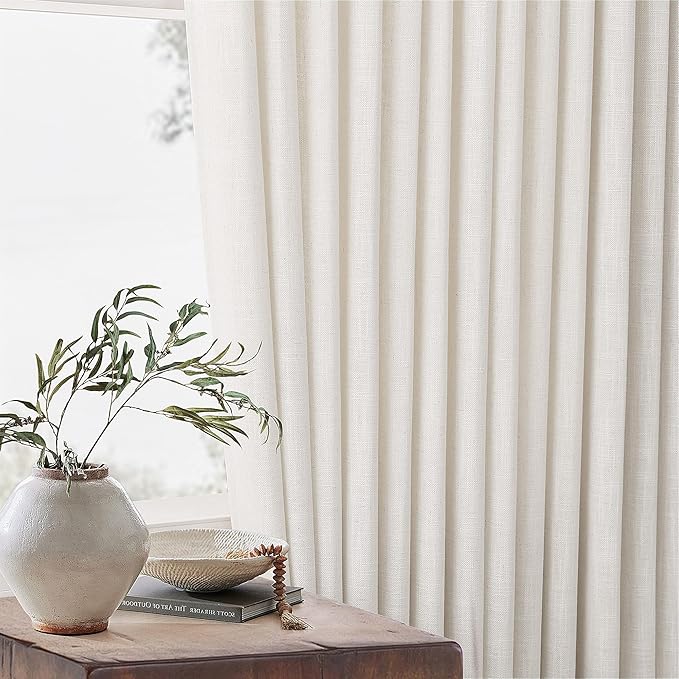 TWODRAPES Natural Pinch Pleated Linen Curtains 1 Panel for Living Room Bedroom Memory Training Shaped Semi Sheer Pleat Drapes with Hooks Rings Light Filtering Window Curtain 60x108