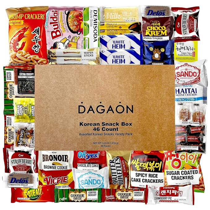 Dagaon Korean Snack Box 46 Count. Assorted Gift Pack Including Chips, Crackers, Cookies, Biscuits, Ramen, Pies, Candies and More. Variety Gift Set for every occasion.