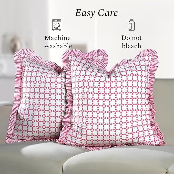 CPC Magenta Pink Hand Block Print 100% Cotton Ruffle Throw Pillow Cover 20x20 inch with Hidden Zipper Decorative for Couch, Bed, Sofa, Farmhouse, Cottagecore Decor Gift Christmas Fall Thanksgiving