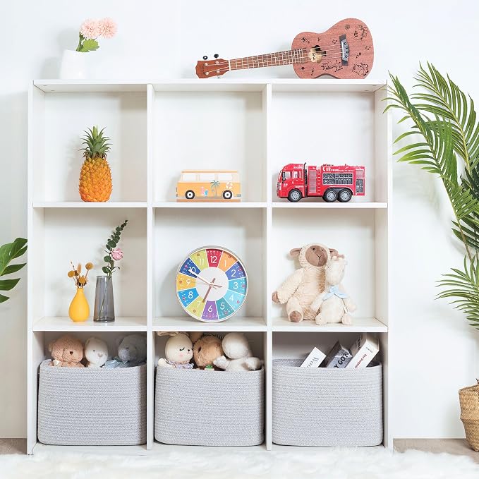 3-Pack Decorative Woven Storage Baskets for Shelves, Cube Bin Box for Organizing Books, Shoes, Dog Toys, Pantry Closet and Living Room Organizer, Light Gray Mix