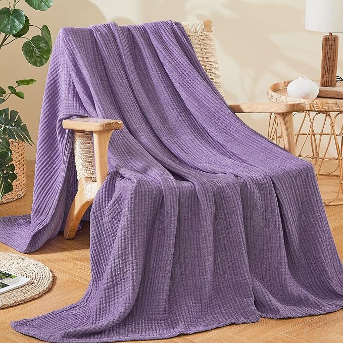 EMME Cotton Muslin Queen Blanket Bed Layering Bedspread Coverlet Breathable Gauze Soft Lightweight Adults (Heather Purple, 90"x90")