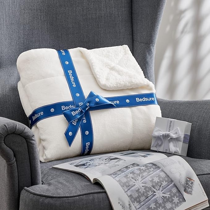 Bedsure GentleSoft Sherpa Fleece Throw Blanket for Couch, Non-Heated, Thick and Warm Throw for Women and Men, Soft Fuzzy Plush Blanket for Winter, White, 50x60 Inches