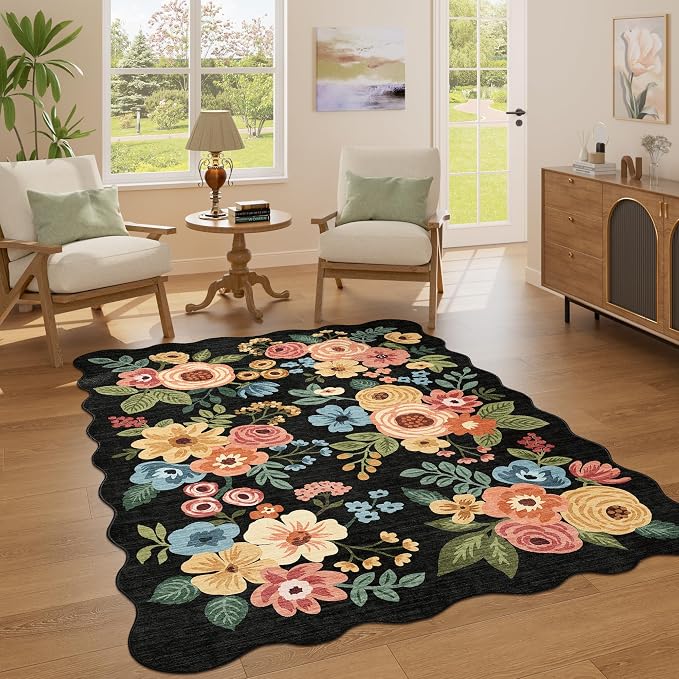 DUKINO 4x6 Area Rug, Non Slip Floral Washable Rug for Living Room, Black | Low Pile, Stain Resistant, Soft Throw Rugs for Bedroom, Office, Dining Room, Nursery, Pet Friendly, Home Decor, Lightweight