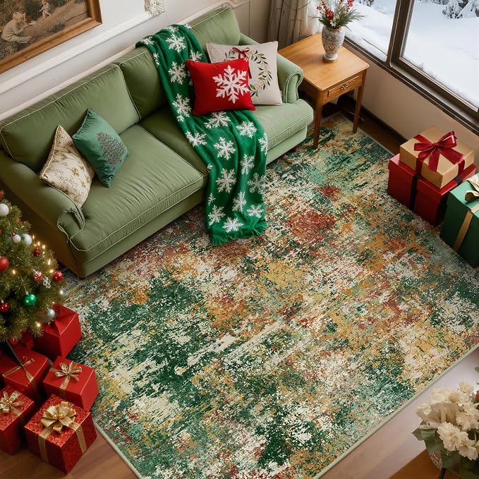 RELEANY Washable 6'x9' Abstract Area Rug for Living Room Green Multi | carpet for bedroom, kitchen, office, hallway and entryway, printed pattern, non-slip, soft, stain-resistant, easy to clean