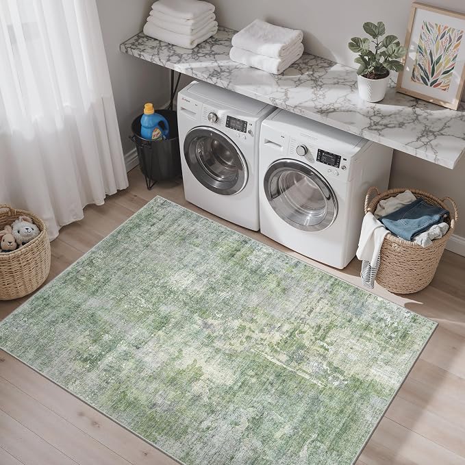 Soalmost Abstract 4x6 Area Rug Washable Rugs for Living Room, Green/Ivory | Vintage Non-Slip Carpet for Dining Bedroom, Thin Low Pile Stain Resistant Floor Mat Nursery Under Table Home Office Decor