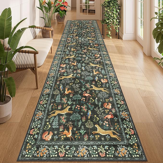 DUKINO 3x12 Runner Rug for Hallway, Washable Animal Rug for Kitchen, Black | Non Slip, Low Pile, Soft Indoor Long Carpet for Entryway, Bedroom, Bathroom, Laundry, Ultra-Thin Pet Friendly, Non-Shedding
