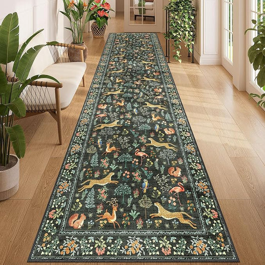 DUKINO 3x12 Runner Rug for Hallway, Washable Animal Rug for Kitchen, Black | Non Slip, Low Pile, Soft Indoor Long Carpet for Entryway, Bedroom, Bathroom, Laundry, Ultra-Thin Pet Friendly, Non-Shedding