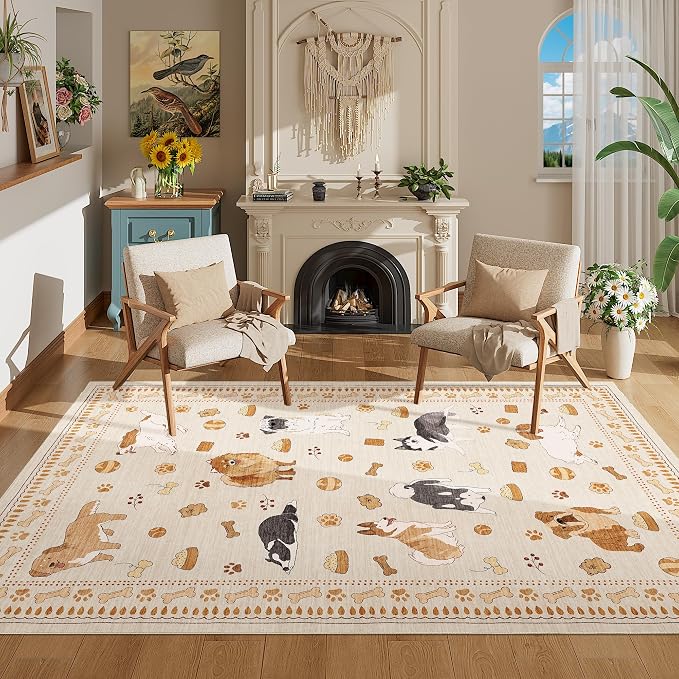 DUKINO 4x6 Area Rug, Washable Dog Rug for Living Room Non Slip Beige Yellow | Low Pile, Stain Resistant, Soft Animal Carpet for Bedroom Office Dorm Dining Room Kids Room Farmhouse, Kid & Pet Friendly