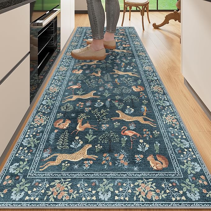 DUKINO 2x6 Runner Rug, Washable Animal Kitchen Rugs Non Slip, Blue | Soft, Low Pile, Stain Resistant Indoor Carpet for Hallway, Entryway, Bedroom, Bathroom, Laundry,Pet Friendly, Lightweight