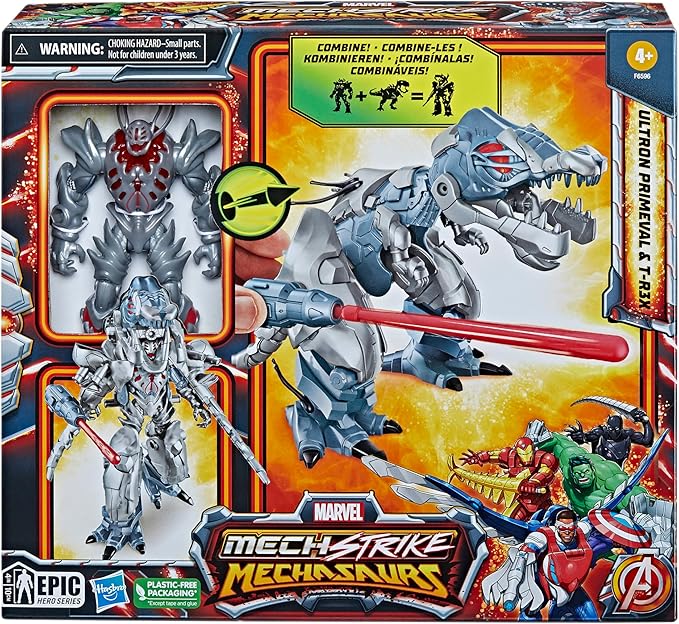 Marvel Mech Strike Mechasaurs, 4.5-Inch Ultron Primeval with T-R3X Mechasaur Action Figures, Super Hero Toys for Kids Ages 4 and Up