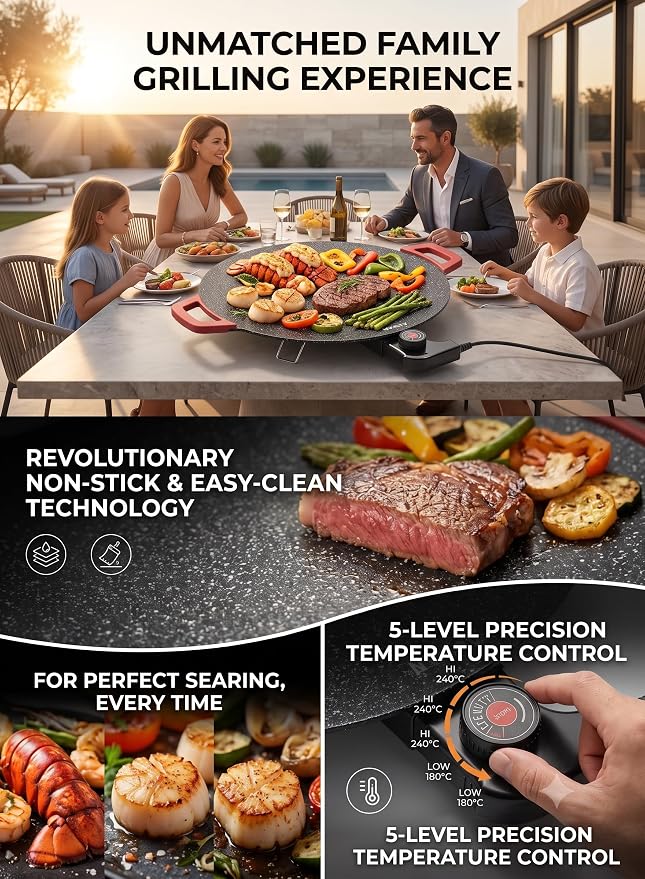 Round Electric Griddle, 1500W Smokeless Nonstick Indoor BBQ,The 16-inch round flat electric griddle easily cooks morning tortillas or Korean BBQ for the whole family.(16 inches)