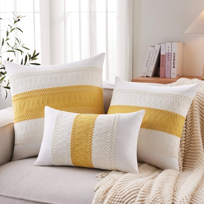 2pk Boho Pillow Covers 16x16, Natural White/Contrast/Mustard Yellow | 100% Organic Cotton Body, Stripe Embroidery, Farmhouse Decorative Cushion Covers for Sofa Bed Living Room Home Decor