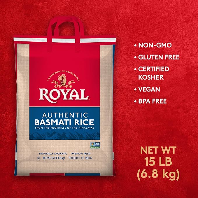 Royal Basmati Rice - Authentic Long Grain White Basmati Rice - 15 lb Bag | Perfect for Biryanis, Pilafs & Curries - Cook in Microwave or on Stove Top