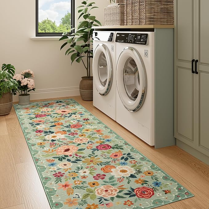DUKINO 2x7 Runner Rug for Hallway, Washable Runner Rug Non Slip, Green | Low Pile, Soft Indoor Carpet Runner for Kitchen, Bedroom, Bathroom, Entryway, Laundry, Pet Friendly, Home Decor, Lightweight