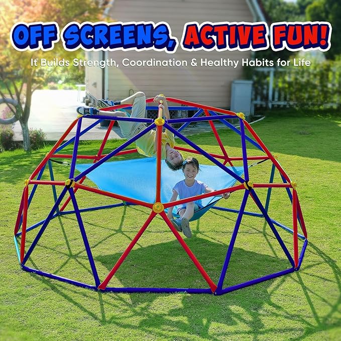Zupapa 10FT Climbing Dome with Hammock, Outdoor Jungle Gym for Kids, Geometric Dome Climber Supporting 1200LBS Outdoor Play Equipment, Purple&Red