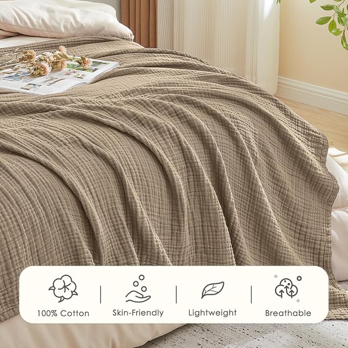 EMME Muslin Blankets for Adults Throw Blanket for Couch Breathable Gauze Soft Lightweight Airy Tan Throw XL 50" x 71"