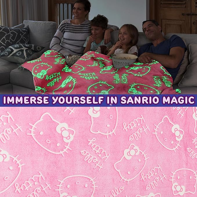 Hello Kitty Sanrio Glow in The Dark Throw Blanket 51x59” for Girls Teens Women, Soft Fleece Throw Blanket for Sofa Bed, Kawaii Gifts for Kids (Pink Hello Kitty)