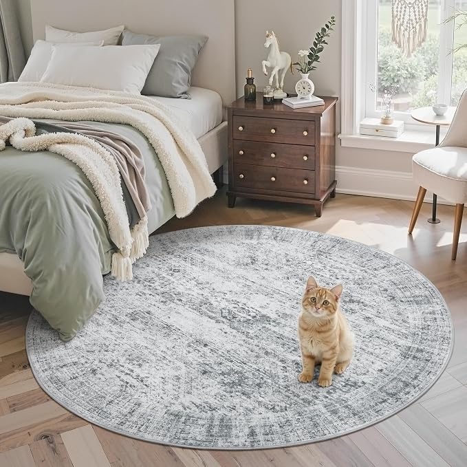 Soalmost 5x5 Grey Round Rug 6ft Circle Living Room Area Rugs Non-Slip | Washable Vintage Indoor Carpet for Dining Bedroom, Low Pile Stain Resistant Foldable Floor Mat Entryway Home Office Decor