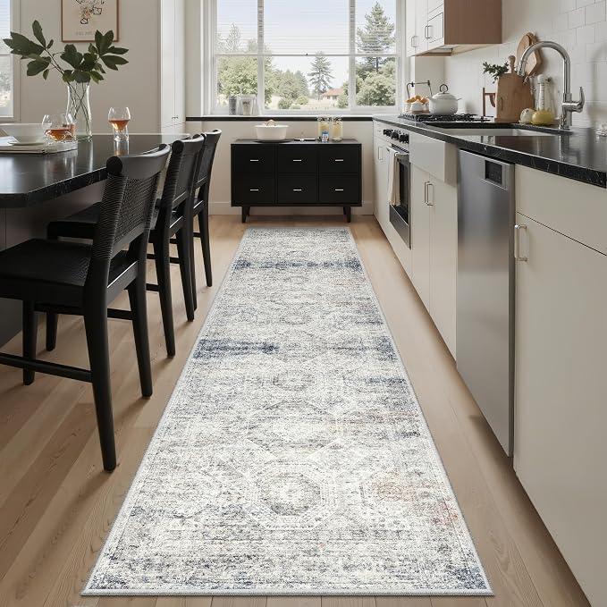Soalmost Runner Rug 2x8 Washable Hallway Kitchen Runners Blue/Ivory | Non-Slip Vintage Rugs for Bathroom Laundry Room, Soft Low Pile Foldable Floor Carpet Mat for Entryway Corridor Bedroom