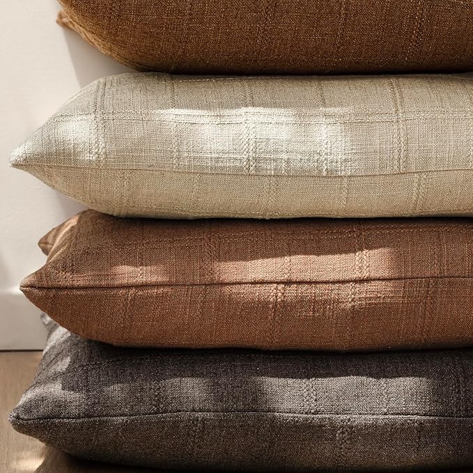 Foindtower Set of 2 Decorative Linen Check Throw Pillow Covers Neutral Farmhouse Vintage Cushion Covers Modern Boho Home Decor for Sofa Chair Couch Bedroom Living Room,22×22 Inch,Dark Brown