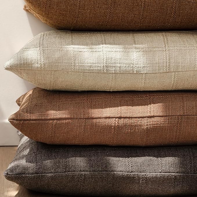 Foindtower Set of 2 Decorative Linen Check Throw Pillow Covers Neutral Farmhouse Vintage Cushion Covers Modern Boho Home Decor for Sofa Chair Couch Bedroom Living Room,16×16 Inch,Dark Brown