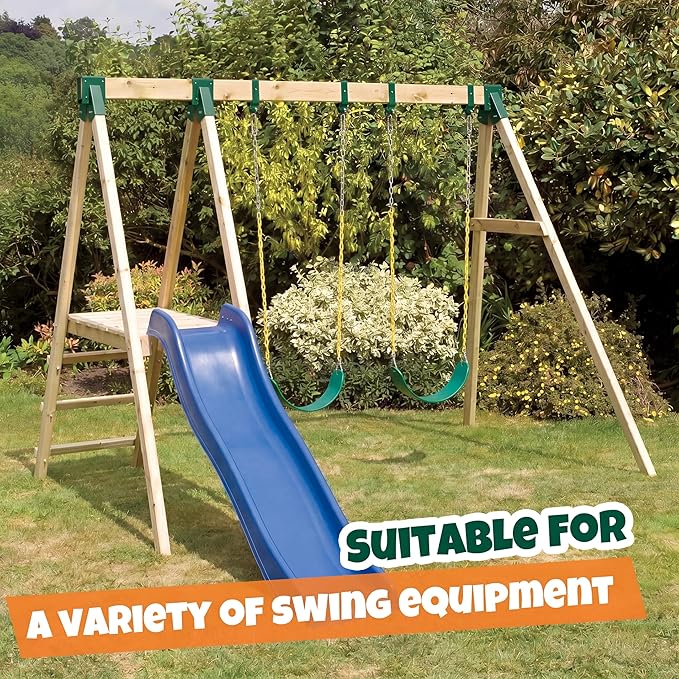 Dunzy Swing Set Brackets Including 2 Pcs A-Frame Swing Brackets, 6 Pcs Heavy Duty Swings Hangers, 2 Swings Seats, 1 Ring Trapeze Bar with All Mounting Accessories for Playground Equipment Outdoor Play