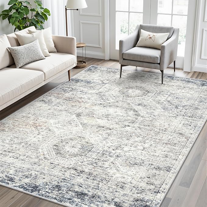 Soalmost 6x9 Area Rug for Living Room Washable Rugs Non-Slip Blue/Ivory | Low-Pile Vintage Carpet for Dining Bedroom, Foldable Thin Stain Resistant Floor Mat Under Table Home Office Nursery Decor
