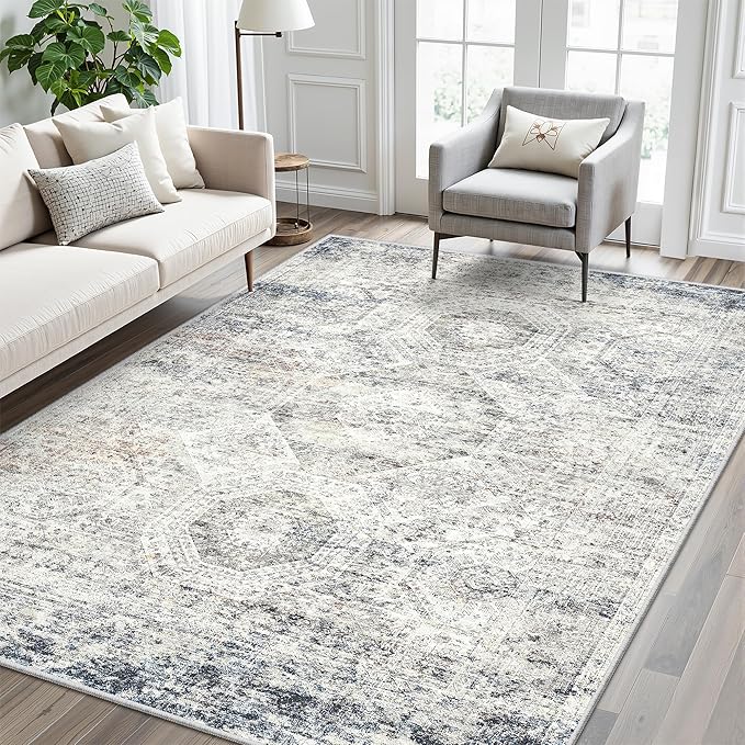 Soalmost 5x8 Area Rugs Blue/Ivory Low Pile Washable Trendy Faded Style Rug | Vintage Non-Slip Indoor Accent for Bedroom Dining, Foldable Stain Resistant Floor Carpet Mat Under Table Home Office Decor