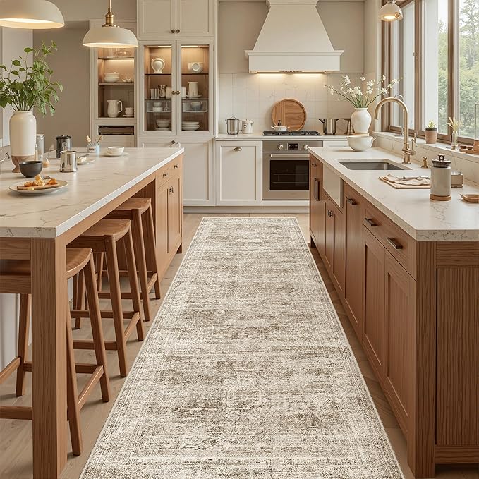 Soalmost Washable Kitchen Runner Rug 3x8 Hallway Entry Rugs Non-Slip, Brown | Vintage Runners 8ft for Bathroom Laundry Room, Foldable Low-Pile Floor Carpet Mat for Entryway Corridor Bedroom