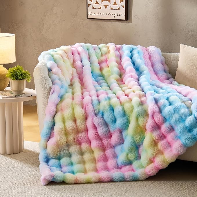 DOWNCOOL Faux Rabbit Fur Throw Blanket, Soft Fluffy Fuzzy Plush Bubble Blanket for Couch Sofa & Bed, Cozy Warm Luxury Fleece Minky Blanket, 60x80 Inches Rainbow