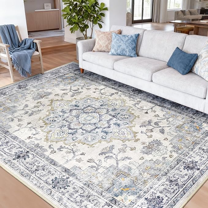 CAPALOCA Machine Washable Rugs Nursery Rug 9x12 Area Rugs Girl Non Slip Low Pile Water Repellent Soft Print Pattern for Bedroom Indoor Decor Kids Playroom Blue White | Non-Slip Soft Rugs for Bedroom Kids Playroom Living Room, Print Pattern Water Repell...